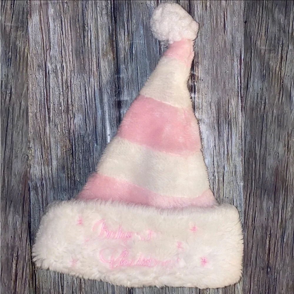 💞 Baby Girl “Baby’s 1st Christmas” Pink & White Striped Plush Santa Hat